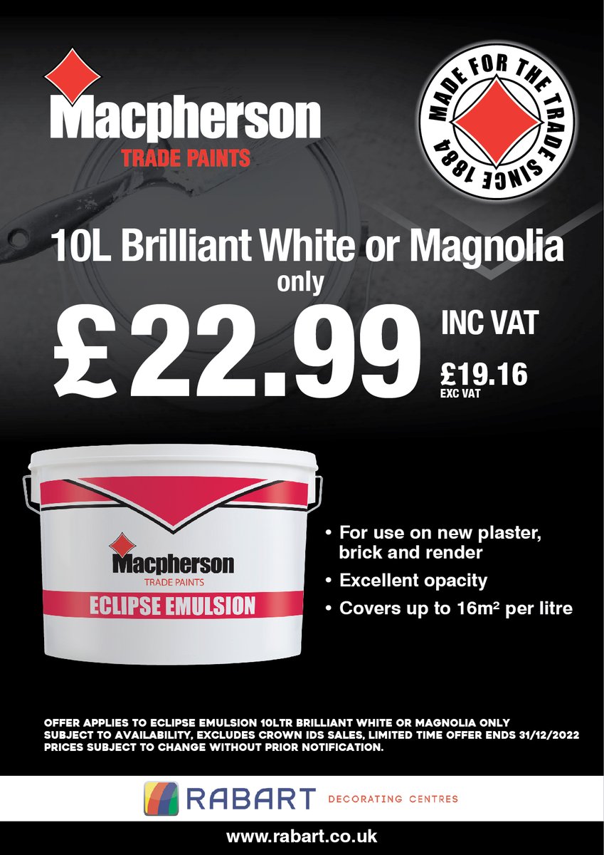 RabartDecor's tweet photo. We have some fantastic new deals in-store on Macphersons Undercoat, Gloss, Contract Matt, Eclipse Emulsion, Durable Acrylic Matt and Powerkote - all on offer until the end of the year!
#rabartdecor #crownpaints #macphersons https://t.co/MXAvgOaxbv