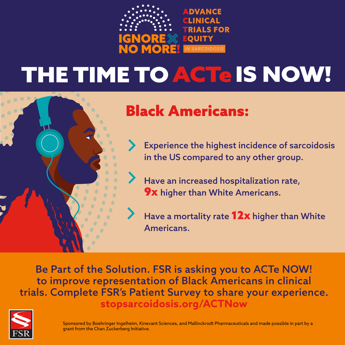 StopSarcoidosis's tweet photo. Increasing representation of #BlackAmericans in #clinicaltrials &amp; #research will lead to more effective treatments &amp; equitable outcomes for all #sarcoidosis patients. Take the patient survey: https://t.co/zsAax7zl6U 

#IgnoreNoMoreACTNow #Equity #RareDisease https://t.co/R3oi5b6ajs