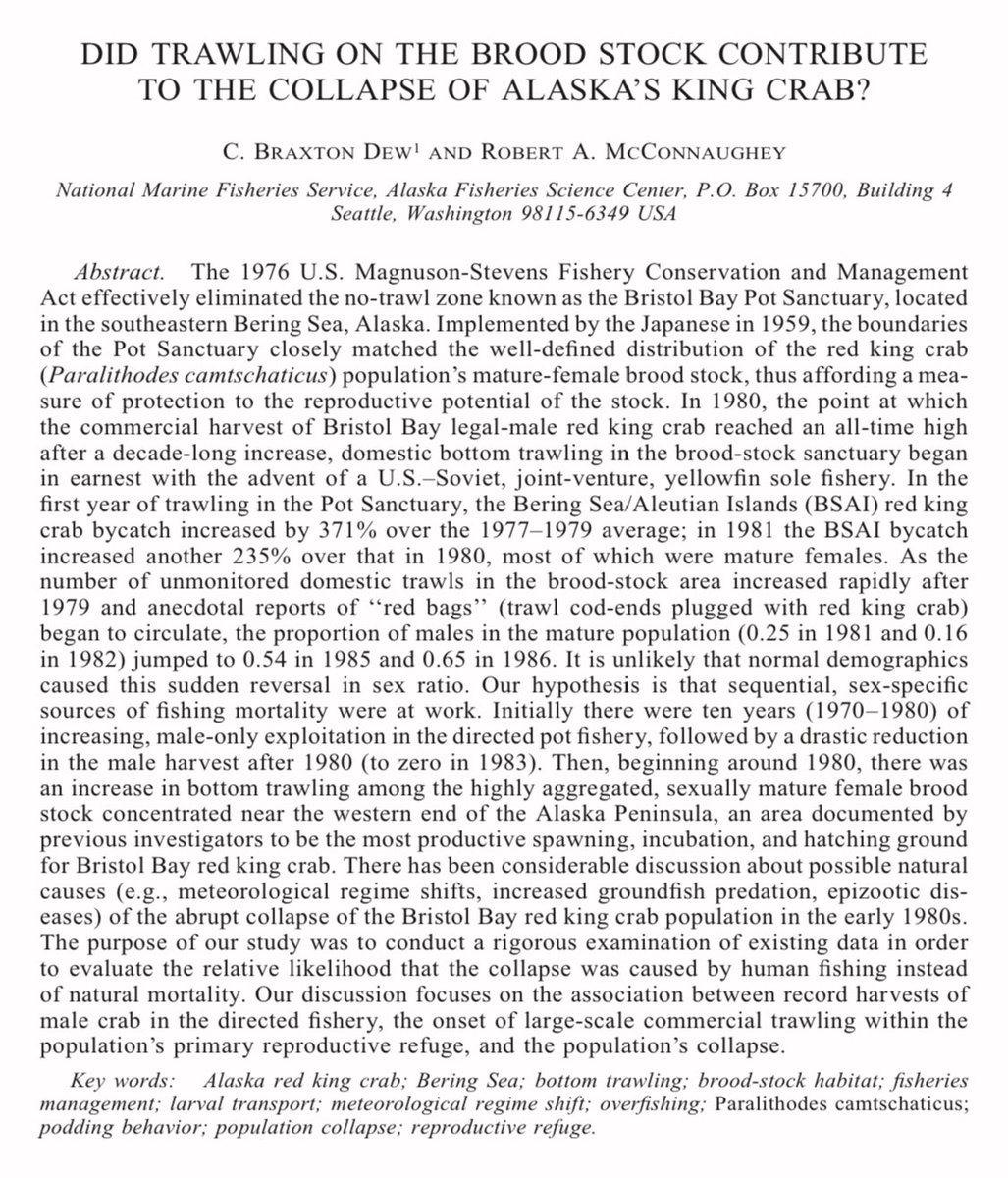 Then, in 1980 — in the midst of the Cold War — the US and USSR joined forces to trawl the reserve, targeting sole. In a period of five years, bycatch of king crabs increased by more than 600%. King crab populations plummeted to single digit proportions. apps-afsc.fisheries.noaa.gov/Publications/m…