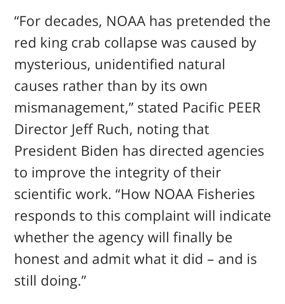 These words from the director of @PEERorg, the government employee transparency group who published the whistleblower testimony, should be considered in the context of the more recent snow crab collapse, described by NOAA and echoed by media as a mysterious natural phenomenon:
