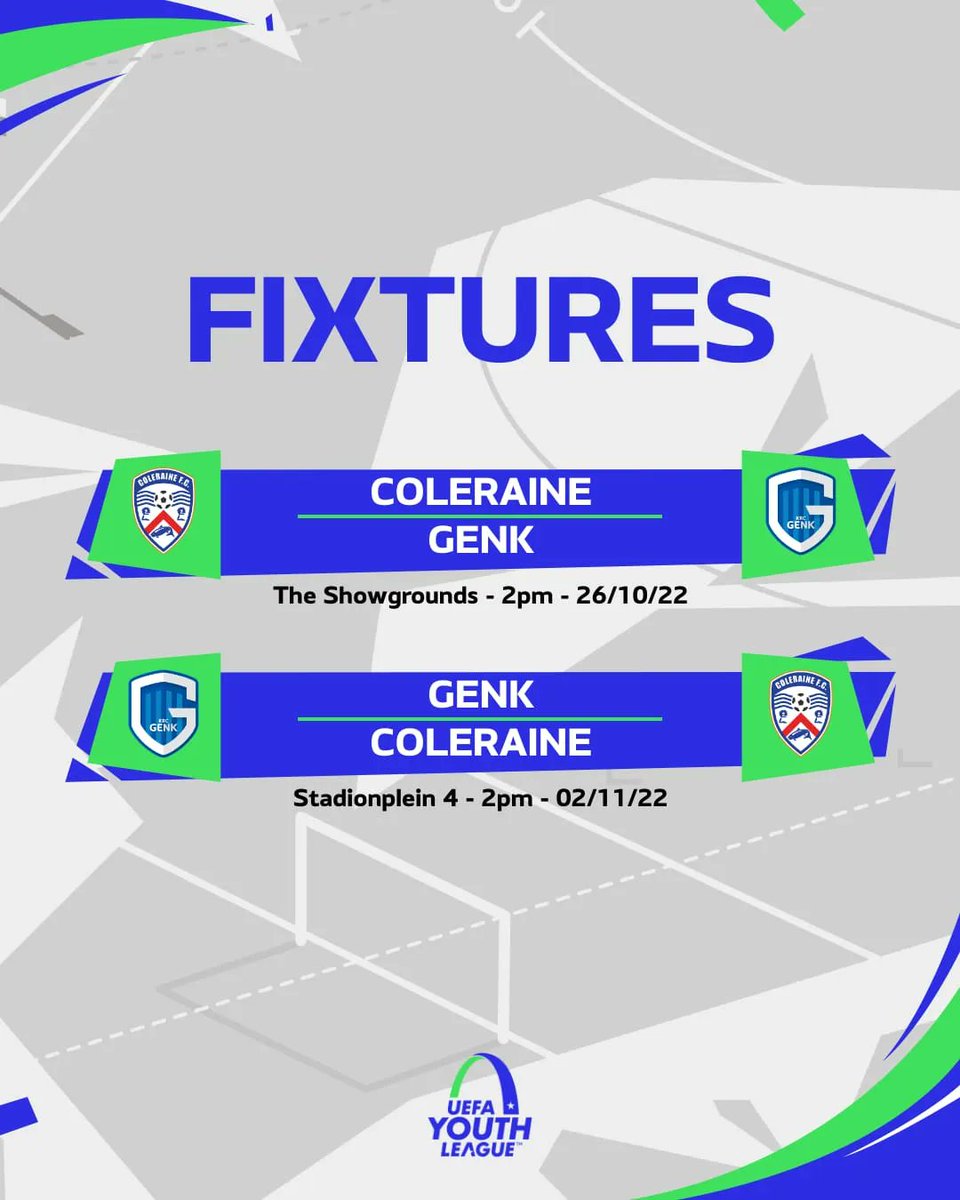 ColeraineFC's tweet photo. 𝗘𝗨𝗥𝗢 𝗗𝗔𝗧𝗘𝗦

Coleraine FC can confirm match details for our upcoming UEFA Youth League tie against Genk.

Full information ⤵️ #COTB

👉 https://t.co/edzs384Ix7 https://t.co/PpLk19T17v
