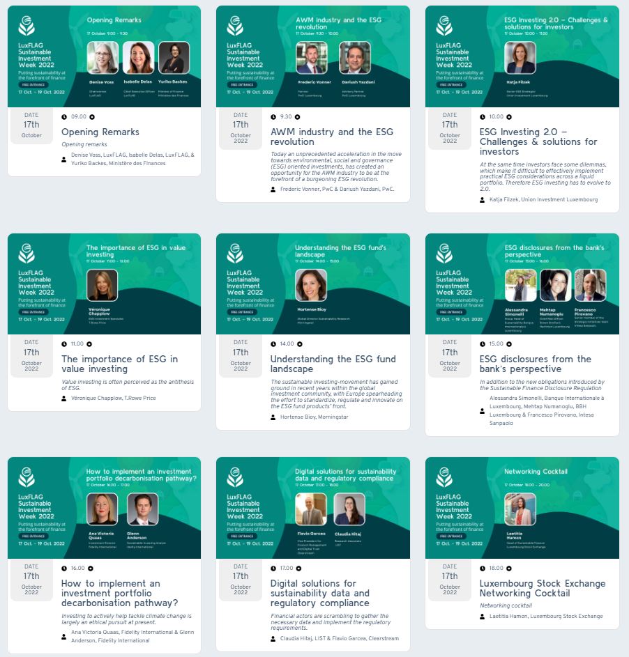 SriEvent's tweet photo. #SriAgenda starting now - #Oct17 10am CEST

#ESG Investing 2.0. Challenges &amp; solutions for investors - w/in #LSIW22 @LuxFLAG Sustainable Investment Week 2022 | Day1 of 3 (until #Oct19)
https://t.co/kCvXuK7BlC 

#sustainablefinance #greenfinance #responsibleinvestment @andytuit https://t.co/m6rF8xur8R