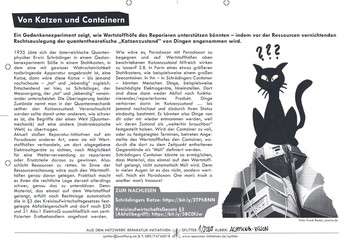 Ersatzteile aus weggeworfenen Altgeräten zu schöpfen – das verbietet die aktuelle Gesetzeslage. Doch könnte es nicht ein Weg sein, Ersatzteile auszubauen, BEVOR die Geräte zu Müll deklariert werden? #repini #repairday #schrödingerscontainer #schroedingerscat