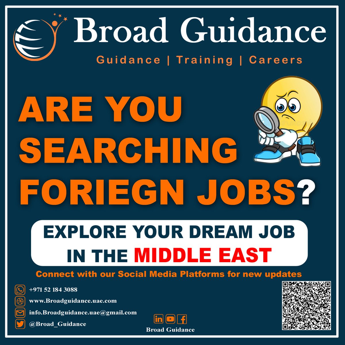 broad_guidance's tweet photo. Broad Guidance is a group of Career Counselor and Training providers. We works in Middle East since last 03 years. We Find Qualified and skilled people all our the world or give Jobs in Middle East Companies more than 50+ companies such as #Amazon #Emirates #Dnata #aramex https://t.co/09DtQftsYB