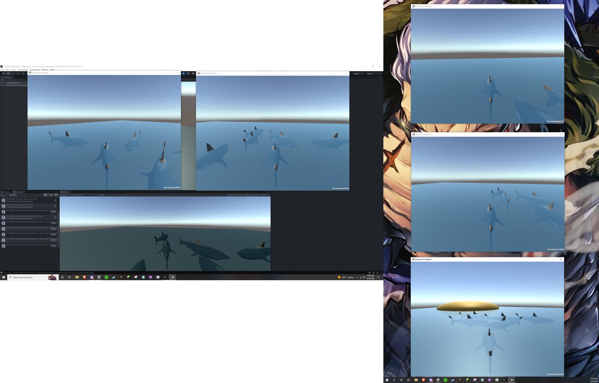 sussysharks's tweet photo. Happy Sussy Shark Sunday! Did y'all know we are working on a online multiplayer game? The name of the game is "Swim Together". You'll be able to explore the waters with your shark friends, go on quest, and more! Here is a screenshot showing six builds open and everyone connected! https://t.co/qPov3BqWgc