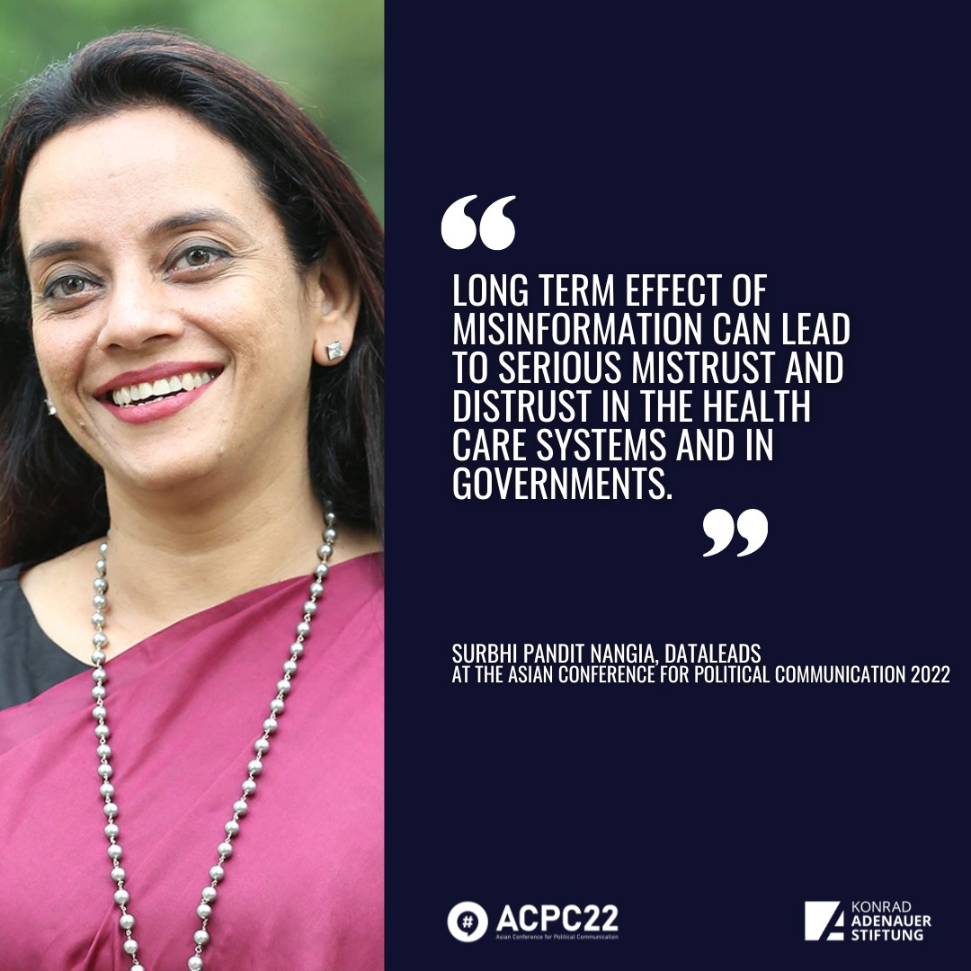 KASMediaAsia's tweet photo. Dataleads’ @Surbhinangia says a misinformation pandemic, if left unchallenged, may lead to dire consequences both for healthcare institutions and the government. #ACPC22 https://t.co/2QROnPc57j