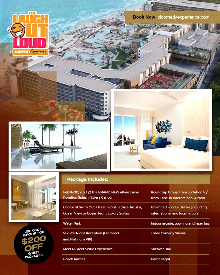 lolcomedyexp's tweet photo. Packages include 4 nights at the all-inclusive Royalton Splash Riviera #Cancun. Amplify your stay between shows at one of the largest on-site water parks in the #Caribbean. Dine in any of their 12 restaurants, play laser tag, or indulge in a spa.
Book now! #lolcomedyexperience https://t.co/k0lJRx2VfY