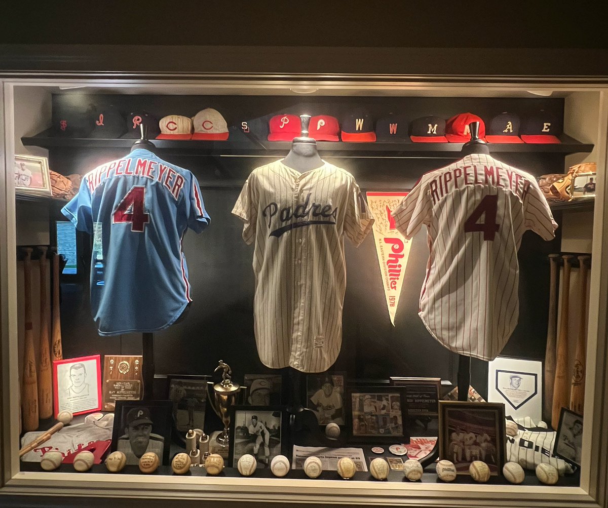 Rip_It_Up20's tweet photo. Yesterday morning, we changed the theme of our display case. For the next year it will be in honor of Dad. And now the @Padres will play the @Phillies in the NLCS. #MLBPostseason https://t.co/h3zpfjy8is