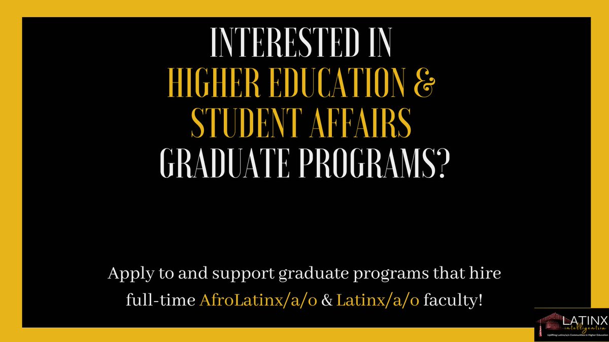 Latinx Intelligentsia Podcast (@latinxuplift) on Twitter photo #academictwitter gente: Here's an updated list of #HESA grad prep progs w/AfroLatinx y Latinx full-time faculty!
Add Admissions Webinar & Deadlines dates in comments!✊🏼
Did we miss someone? DM & we'll update! 🧵1/5
<a href="/DrHerreraSDSU/">Felisha Herrera Villarreal, PhD</a> @qvo <a href="/LuisPonjuanPhD/">Luis Ponjuan PhD</a> @csalazarphd @tarynozuna #academictwitter gente: Here's an updated list of #HESA grad prep progs w/AfroLatinx y Latinx full-time faculty!
Add Admissions Webinar & Deadlines dates in comments!✊🏼
Did we miss someone? DM & we'll update! 🧵1/5
<a href="/DrHerreraSDSU/">Felisha Herrera Villarreal, PhD</a> @qvo <a href="/LuisPonjuanPhD/">Luis Ponjuan PhD</a> @csalazarphd @tarynozuna