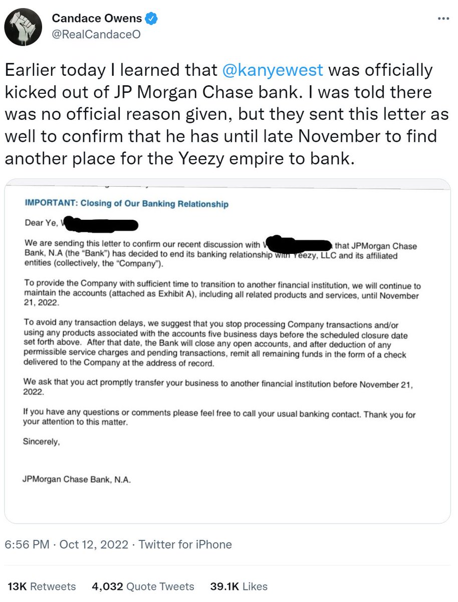 Misleading tweet implying Kanye was debanked by JP Morgan for his  antisemitism: 13,000 retweets, 39,000 likes. News reporter correcting this  and pointing out that Kanye publicly quit JP Morgan to her on