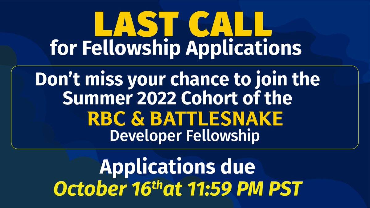 Calling all 🇨🇦 Women &amp; Non-Binary Developers

There's less than 12 hours left to apply!

Don't miss out on your chance to be part of the final cohort of the 2022 <a href="/RBC/">RBC</a> &amp; Battlesnake Developer Fellowship 👩‍💻

Learn more &amp; submit your application today at fellowship.battlesnake.com 📝
