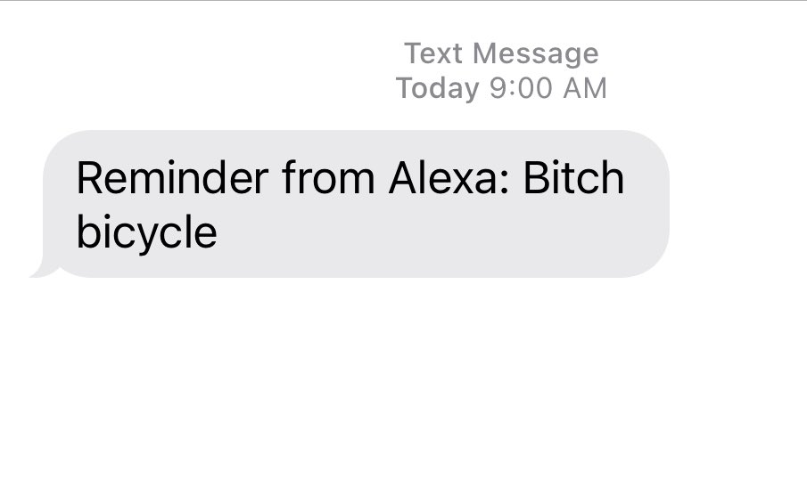 TracyMorison's tweet photo. Alexa only speaks American, apparently. I asked for a reminder to “Fetch bicycle” from repair shop. #AlexaFails https://t.co/dIIUpg7baB