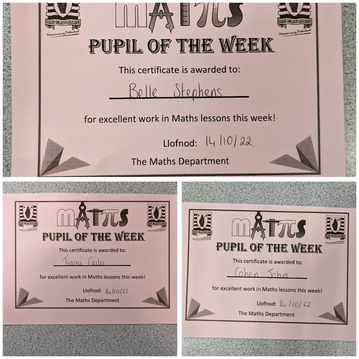 mrscullen_aths's tweet photo. 🌟Pupils of the Week🌟
Yet again another week of pupils displaying outstanding work in their maths lessons making it hard to pick just one pupil from each class! Da iawn pawb, keep it up 👏🏼📚🏅 #TeamTâf https://t.co/wbZIuPKLHw