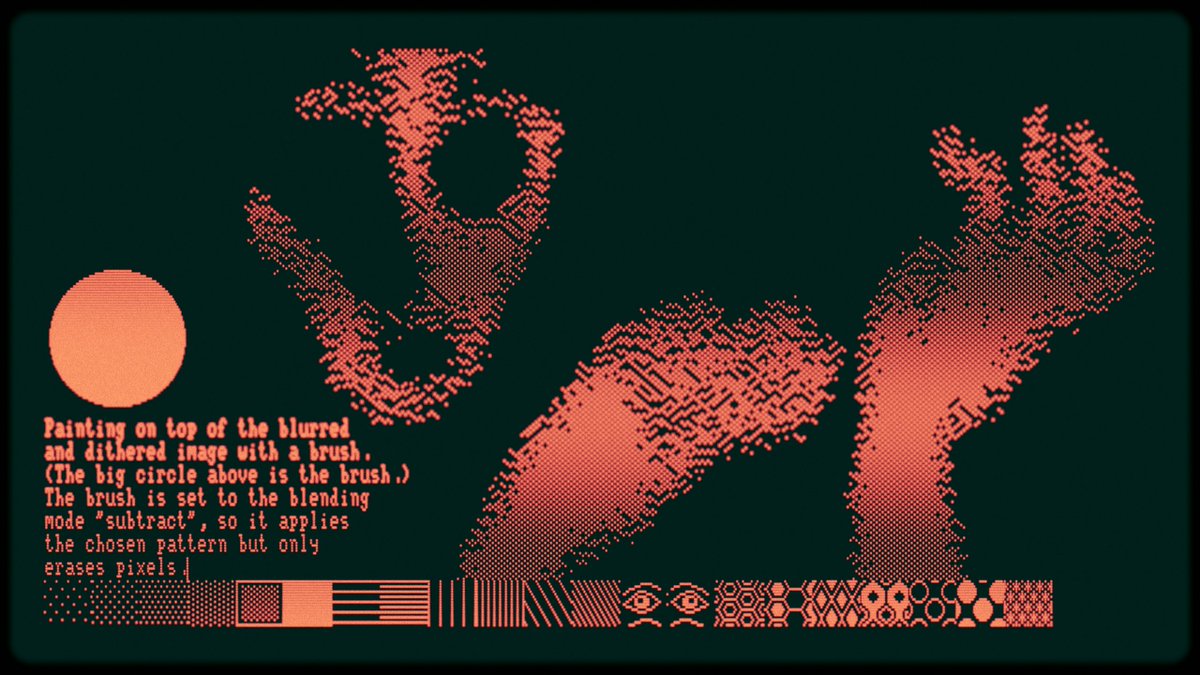 PelletierAuger's tweet photo. What if a pixel art drawing app had a blur filter? It blurs your drawing offscreen, and shows a dithered copy of the blurry results, and then you can keep drawing. #pixelart #1bit #generative #javascript #webgl https://t.co/xzGBXDzSFi