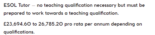 Rampant deprofessionalisation via "if you can speak it, you can teach it" recruitment practices: is this where #ESOL in England is going? It's bad enough that people think a generic PGCE is enough to teach it. educationweekjobs.co.uk/job/24131-esol…
