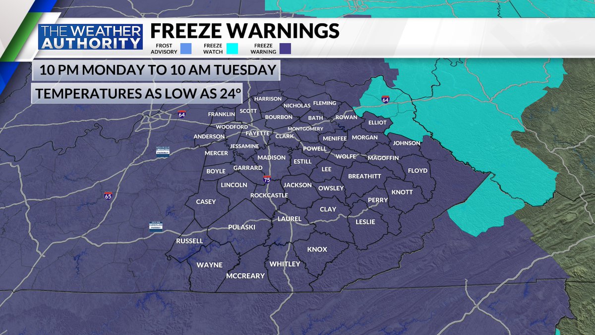 AldrichWxFox56's tweet photo. Freeze Warnings have been issued from 10 PM Monday to 10 AM Tuesday.
A Taste of the Winter Chill is coming this week.
#NWSLouisville
#NWSJackson
@FOX56News #kywx #fox56wx https://t.co/MfQ5lbs1yy