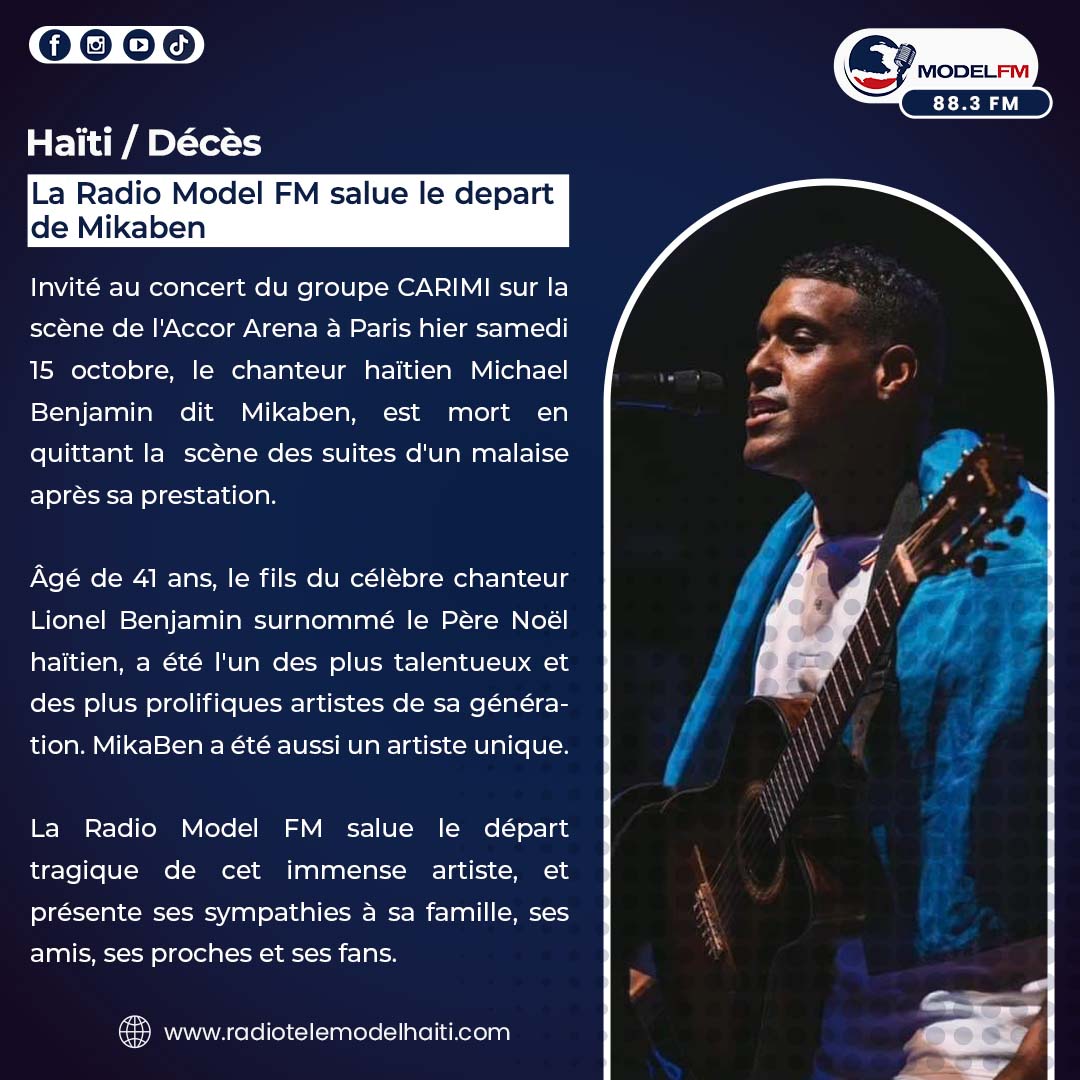 modelfm883's tweet photo. La Radio Model FM salue le départ tragique de Mikaben, l'un des plus talentueux et des plus prolifiques artistes haïtien de sa génération. 
Elle présente par ailleurs ses sympathies à la famille, aux amis,  aux proches et aux fans de cet immense artiste. 

#RIPMika 
#ModelFM https://t.co/Phhnc6rOa3