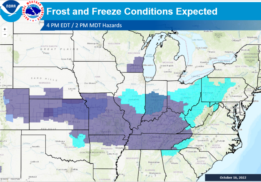 Brrr! Frost and freeze conditions are forecast early this week across portions of the Plains, Mississippi Valley, Ohio Valley and Tennessee Valley. Check your local forecast conditions by visiting weather.gov