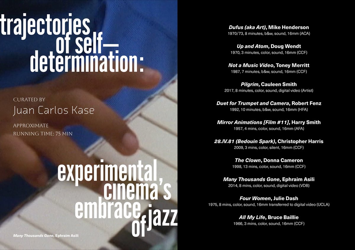 Today! 🎹 TRAJECTORIES OF SELF-DETERMINATION: EXPERIMENTAL CINEMA'S EMBRACE OF JAZZ Curated by Juan Carlos Kase for Canyon Cinema Discovered 2:10pm Little Roxie, San Francisco 🎟️ & info: roxie.com/ai1ec_event/di… 💻 Online Oct 16-22: connects.canyoncinema.com/program/trajec…