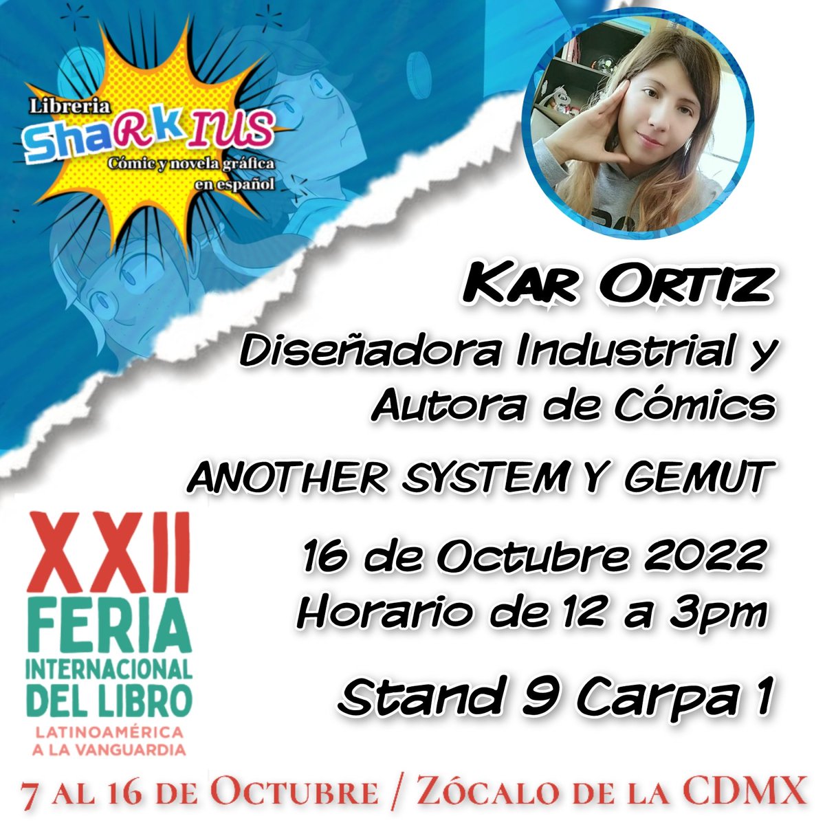 sharkomics's tweet photo. No te pierdas la visita de @KarOrtiz13 que estará realizando firma de su cómic #Gemut en nuestro stand en la @FILZocalo https://t.co/XnMlyGIEDR