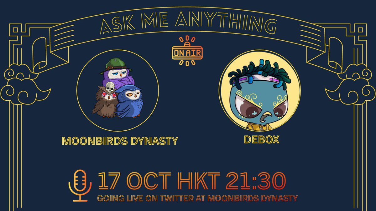 moonbirdsdyn's tweet photo. 🦉Debox  x 月鳥王朝AMA 🦉

https://t.co/oKgxUYAitA

我們將於17號 9:30 PM北京時間與 @DeBox_Social 在上述鏈接進行AMA

Upcoming AMA w/ @DeBox_Social on 17th 9:30am EST via spaces

Follow 
@moonbirdsdyn, @mbdcollabs interact for WL

主持人: @Jameswongw501 
嘉賓: @0xDy_eth @BitPastor https://t.co/JqlrrWyxsA