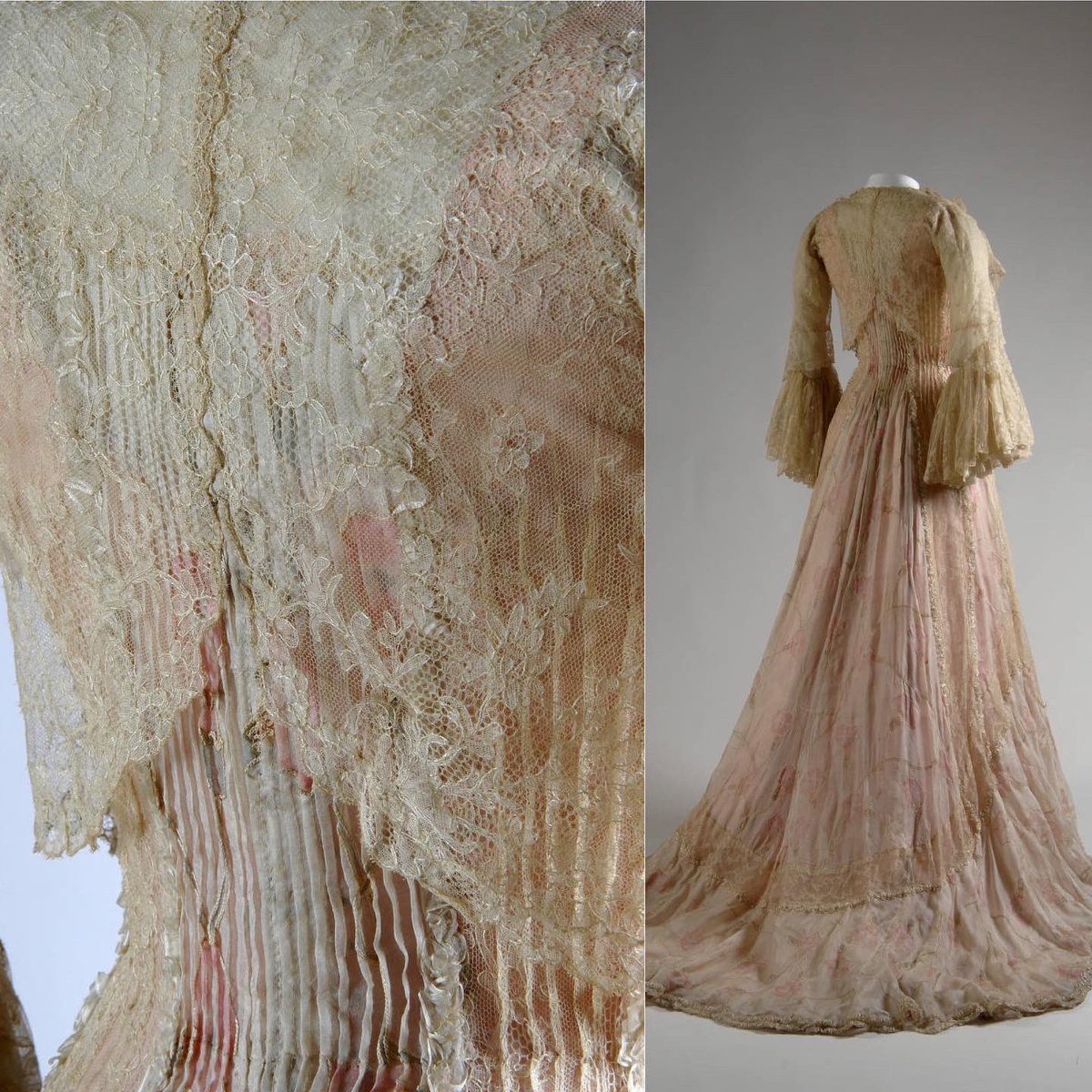 kateStrasdin's tweet photo. A #teagown always seems a suitable garment to mark the transition between the end of one week and the start of the next. This early #1900s example is a rustle of #lace and pin tucked silk, the trailing #convolvulus flower entwining the skirt @ChicagoMuseum #fashionhistory https://t.co/Igxs4oLDM2