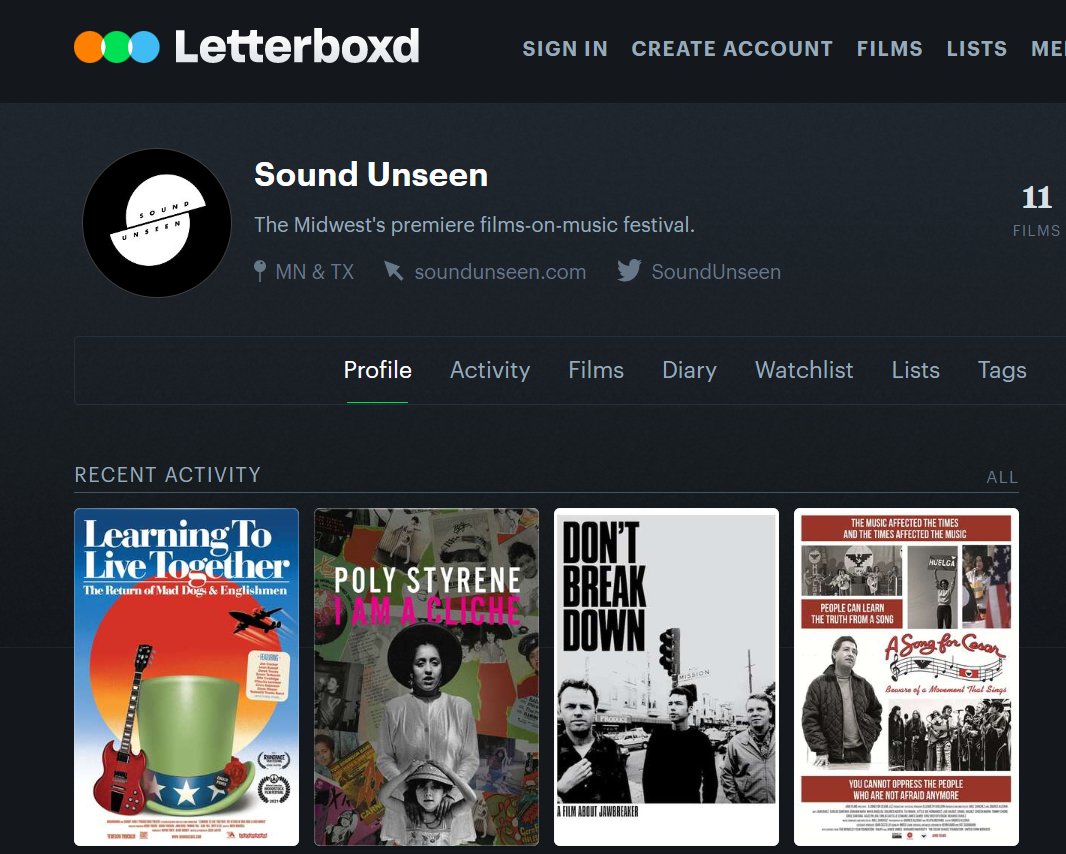 Follow us on Letterboxd! We have uploaded an official #SoundUnseen23 Festival Film list. We'll keep updating throughout the year as we host monthly screenings in Minneapolis.