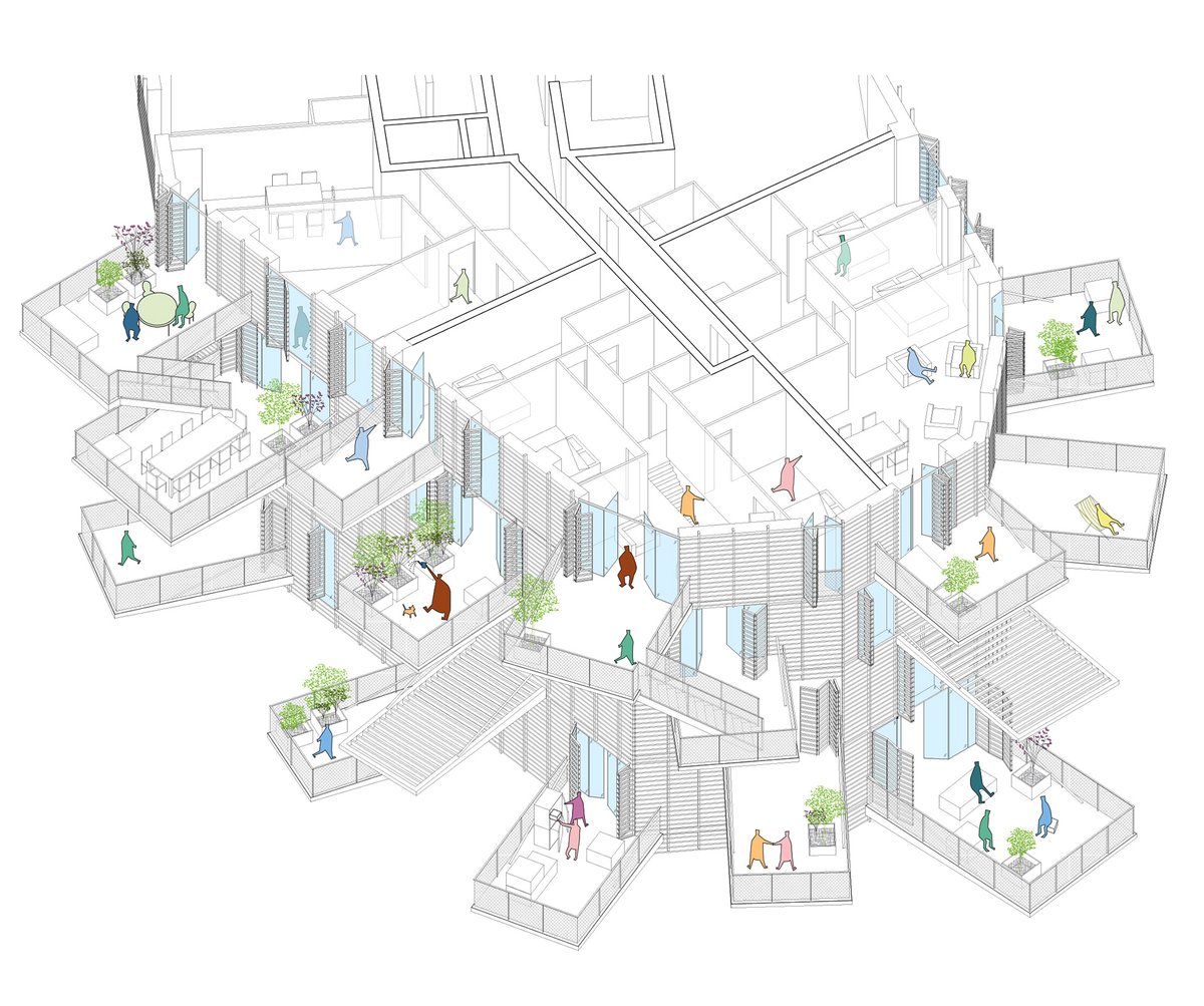 A mediados de 2014, el japonés Sou Fujimoto, junto a los estudios franceses de Nicolas Laisné, Dimitri Roussel y OXO, presentaron un edificio de viviendas absolutamente único en Montpellier

Un enorme cilindro ameboide lleno de balcones en el exterior.