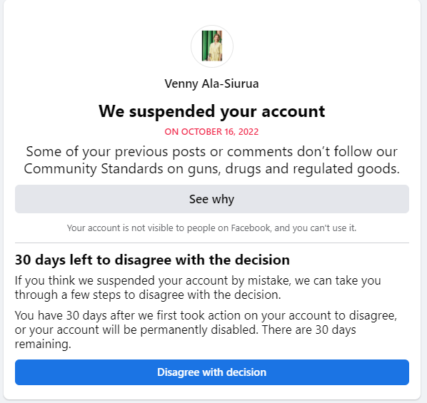venny_ala's tweet photo. Great, thanks @Meta. First you stop me from posting on walls and now you suspend my @facebook altogether. Is it time to review your policies when posts about safe #abortion services, guns and drugs are lumped together? https://t.co/N4gSvKG845