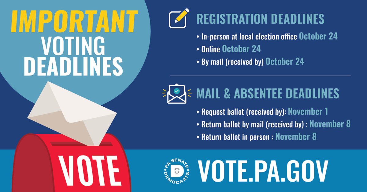 One more week to register to vote or update your registration in time for the Nov. 8 election! 

✍️ 10/24: Last day to register 

✉️ 11/1: Last day to request a mail-in ballot 

🗳️ 11/8: Election Day! Polls are open from 7am-8pm, and all mail ballots must be received by 8pm.