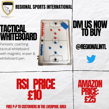 A PICTURE PAINTS A THOUSANDS WORD | Make sure you don’t miss out on our tactical whiteboard. Great way to show players visuals. 
💴 Our price: £10
💴Amazon price: £15 
DM us now for to purchase yours now!!
#RSI #coaching #coaches #grassroots #football #footballmanager
