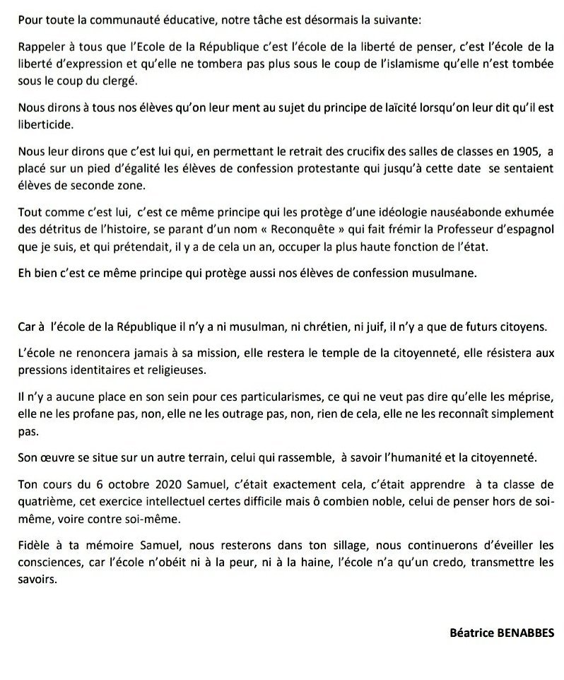 college_lycee's tweet photo. Retrouvez le discours de @benabbesbeatric.
Merci à @_LICRA_ @Ufal_org @BouniolH @ravetbernard @SemiraTlili @comitelaicite @PFoussier...présents lors de cet hommage, pour leur soutien et leurs attachements à nos valeurs et principes républicains. https://t.co/poTxQ0FB6L