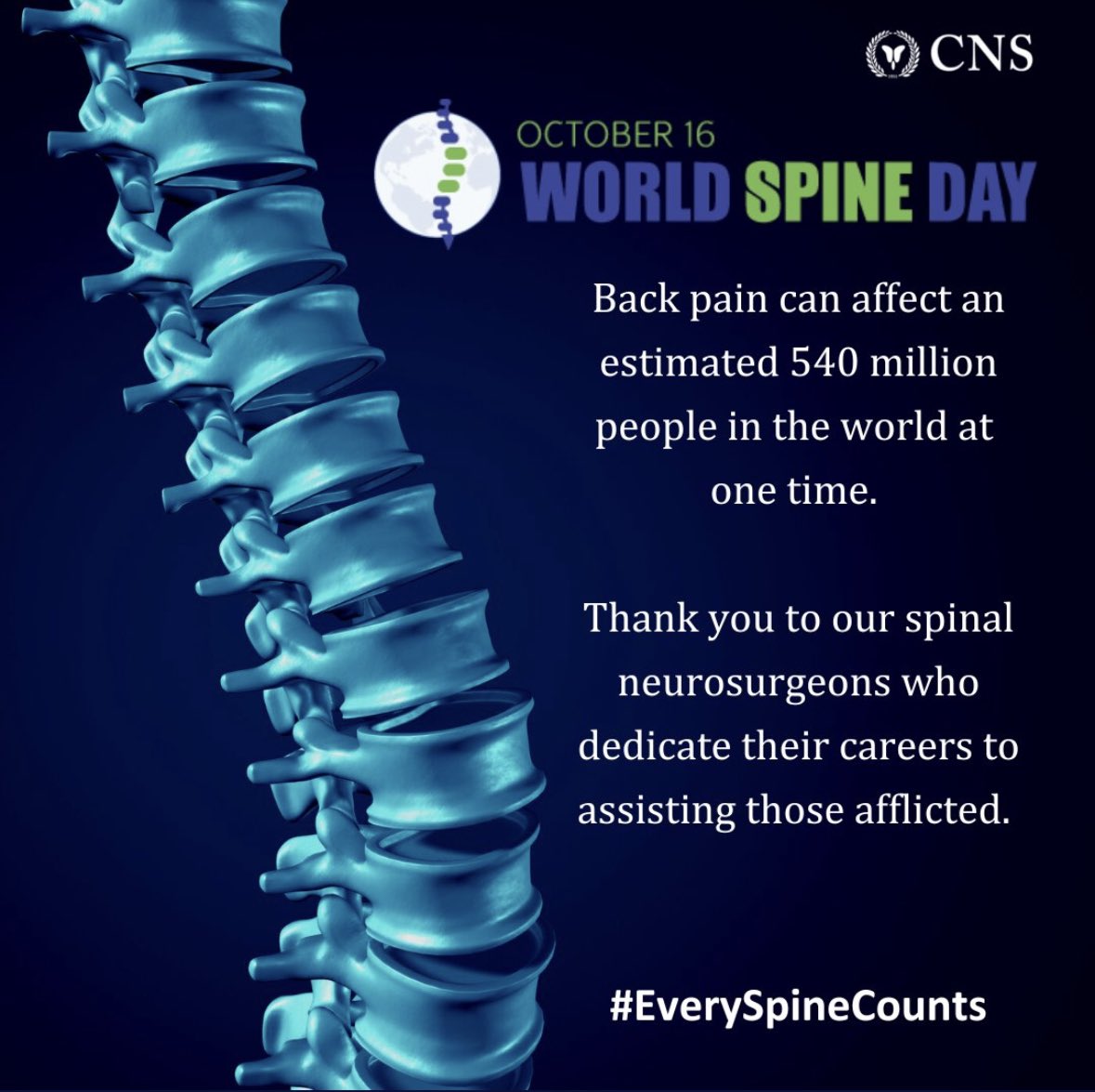 gdebiase_md's tweet photo. Today is #WorldSpineDay 

Back pain has a significant toll on the quality of life of millions of people.

#EverySpineCounts @iyamah_abode #AwakeSpineSurgery #Neurosurgery https://t.co/olbEomiQXh