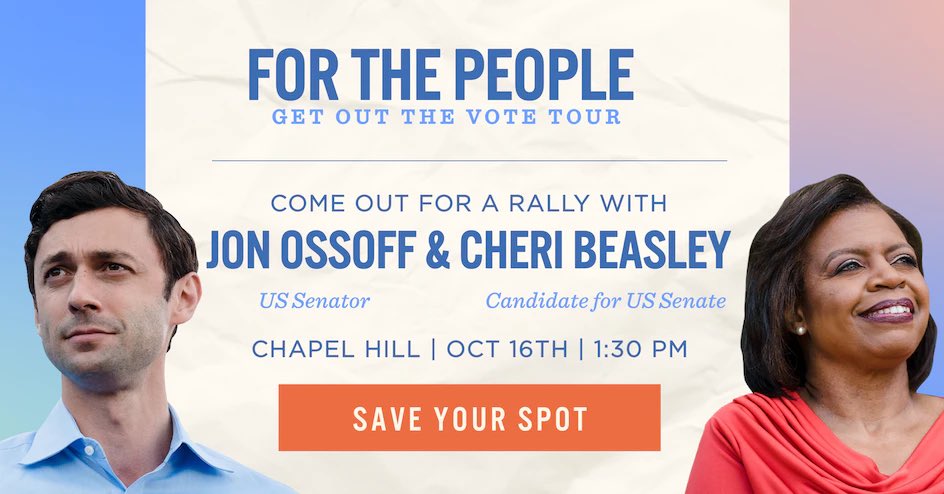 Senator My Boo, formerly known as Jon Ossoff, and Cheri Beasley rally happening in 1 HOUR! 

I expect any thirst correspondents on the scene to deliver pics and running commentary https://t.co/ycdREvfGDQ https://t.co/I9up2nzBWt