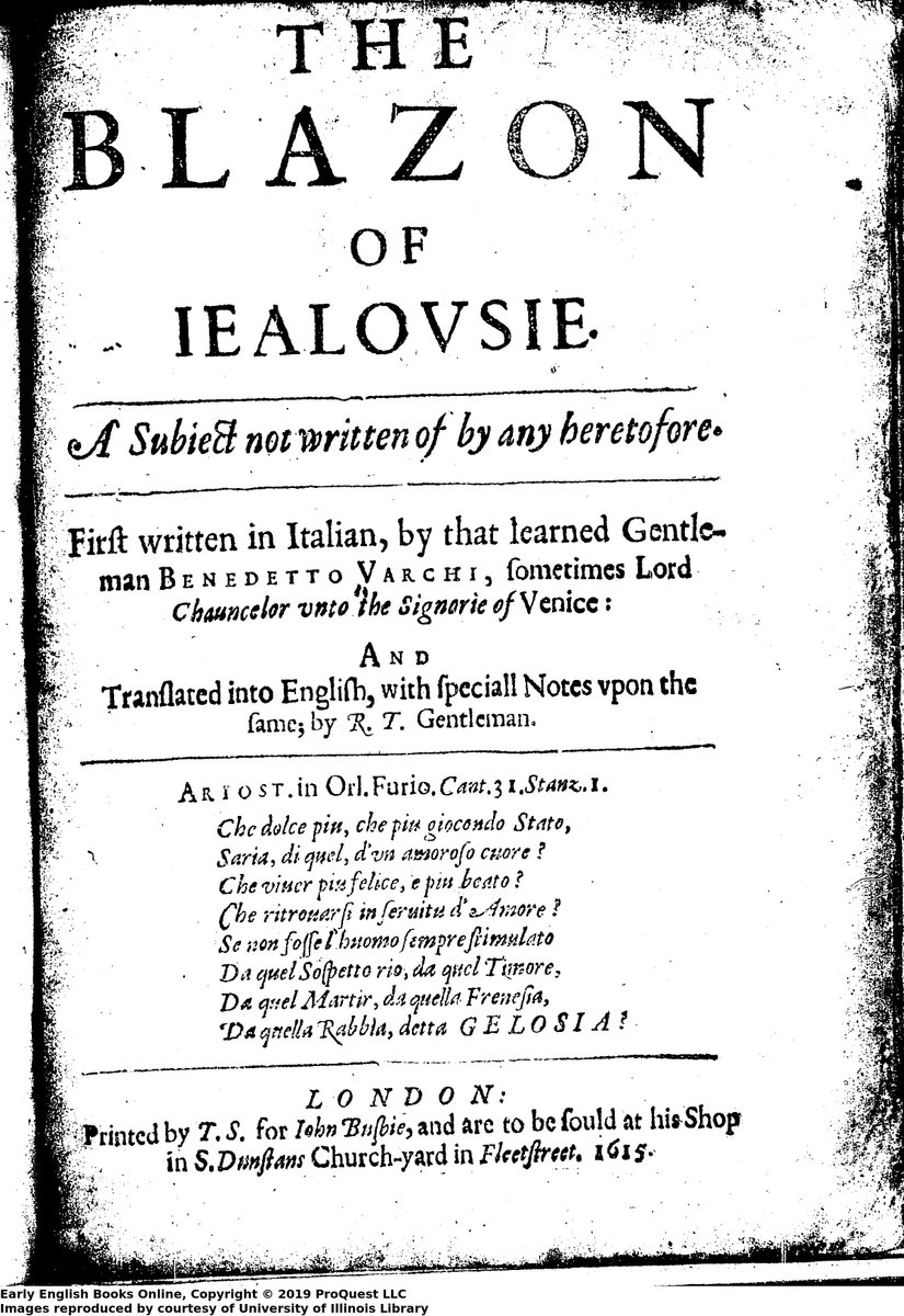 EarlyEmotion's tweet photo. I'm going to be posting an #EmotionSourceoftheWeek!  The first is the 1615 English translation of Benedetto Varchi's The Blazon of Iealousie.  A fascinating text, this is the most complete treatment of jealousy that I've found in the period!   #emostorians https://t.co/wXgPPwj8cP