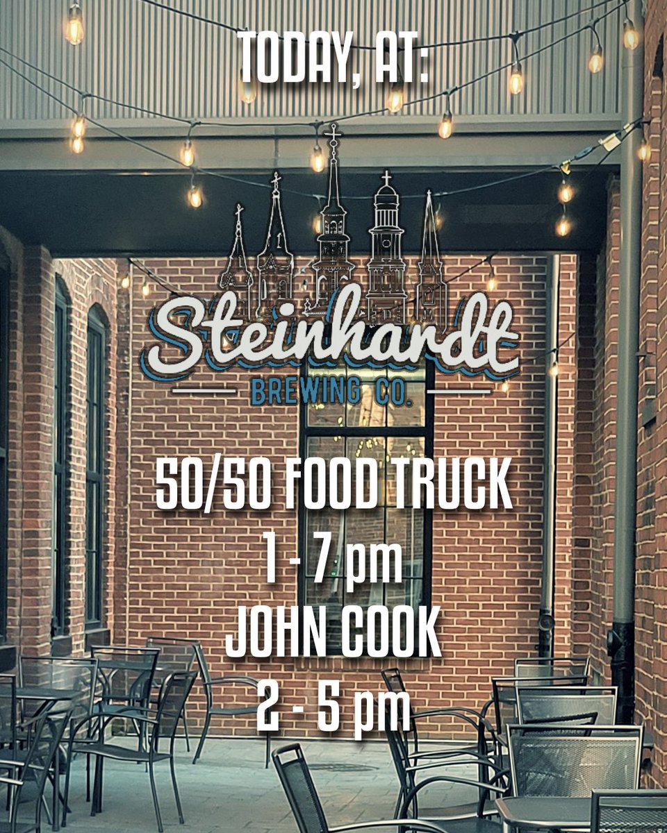 SteinhardtBrew's tweet photo. TODAY! We've got the boys in 50/50 holding down the good eats from 1-7pm, and John Cook from 2-5pm! It's already been a wonderful weekend here at Steinhardt, so come on in and help us keep the streak going! See you soon! #localbeer #carrollcreek #steinhardtbrewing https://t.co/f0rWe62gMD