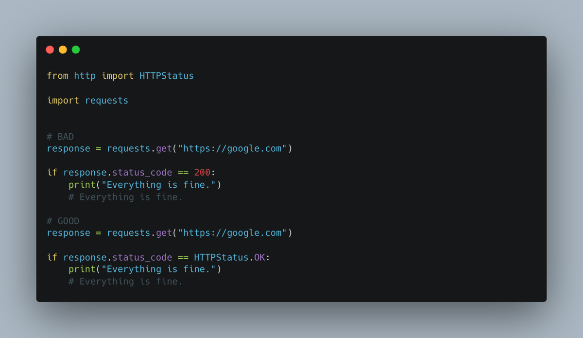 testdrivenio's tweet photo. Python clean code tip:

Use HTTPStatus for status codes instead of magic numbers

👇 https://t.co/PpSDQBIYYn
