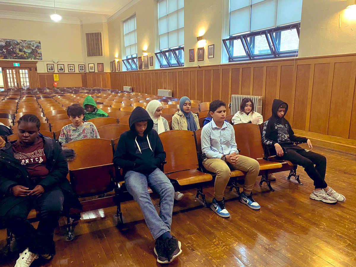 JNolin6's tweet photo. Took these awesome Gr. 8s @QVPSVikings to their beautiful auditorium for our practice this week. Checking in with ourselves; emotions/bodies/thoughts. Using sounds near & far as an anchor for attention. No effort. Awareness. @gecdsbpro #supportingwellbeing #learningnonreactivity https://t.co/S47gked2TI