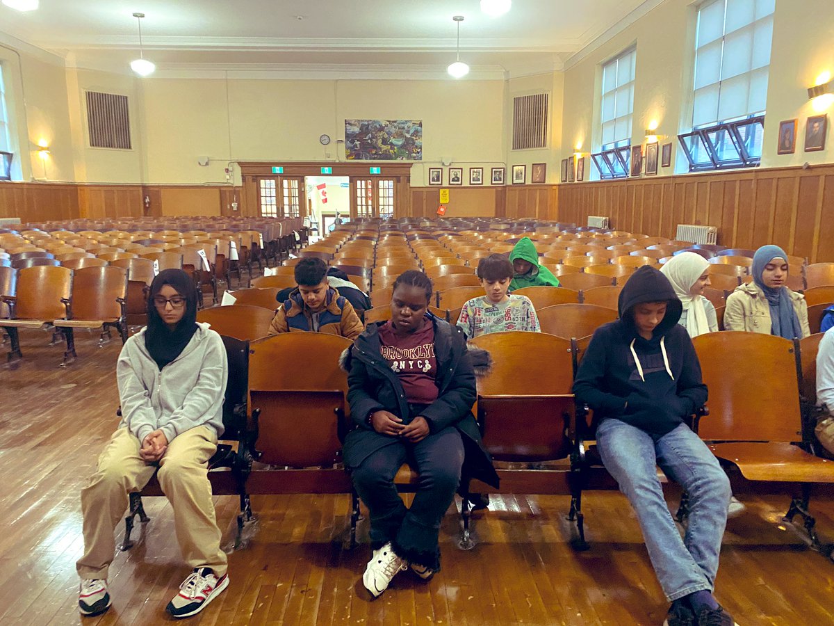 JNolin6's tweet photo. Took these awesome Gr. 8s @QVPSVikings to their beautiful auditorium for our practice this week. Checking in with ourselves; emotions/bodies/thoughts. Using sounds near & far as an anchor for attention. No effort. Awareness. @gecdsbpro #supportingwellbeing #learningnonreactivity https://t.co/S47gked2TI