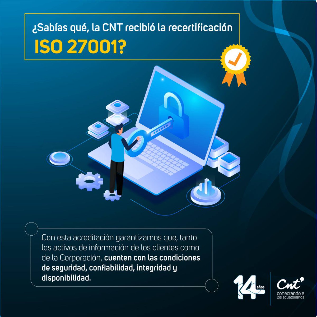 CNTinforma's tweet photo. ✅¿Sabías qué, somos una empresa con excelentes prácticas de seguridad de la información?

Tenemos la recertificación ISO 27001, que acredita la confiabilidad y seguridad del manejo de datos de la @CNT_EC y de nuestros clientes.

Mira los detalles aquí 🔽 https://t.co/5K4LiLfCnp
