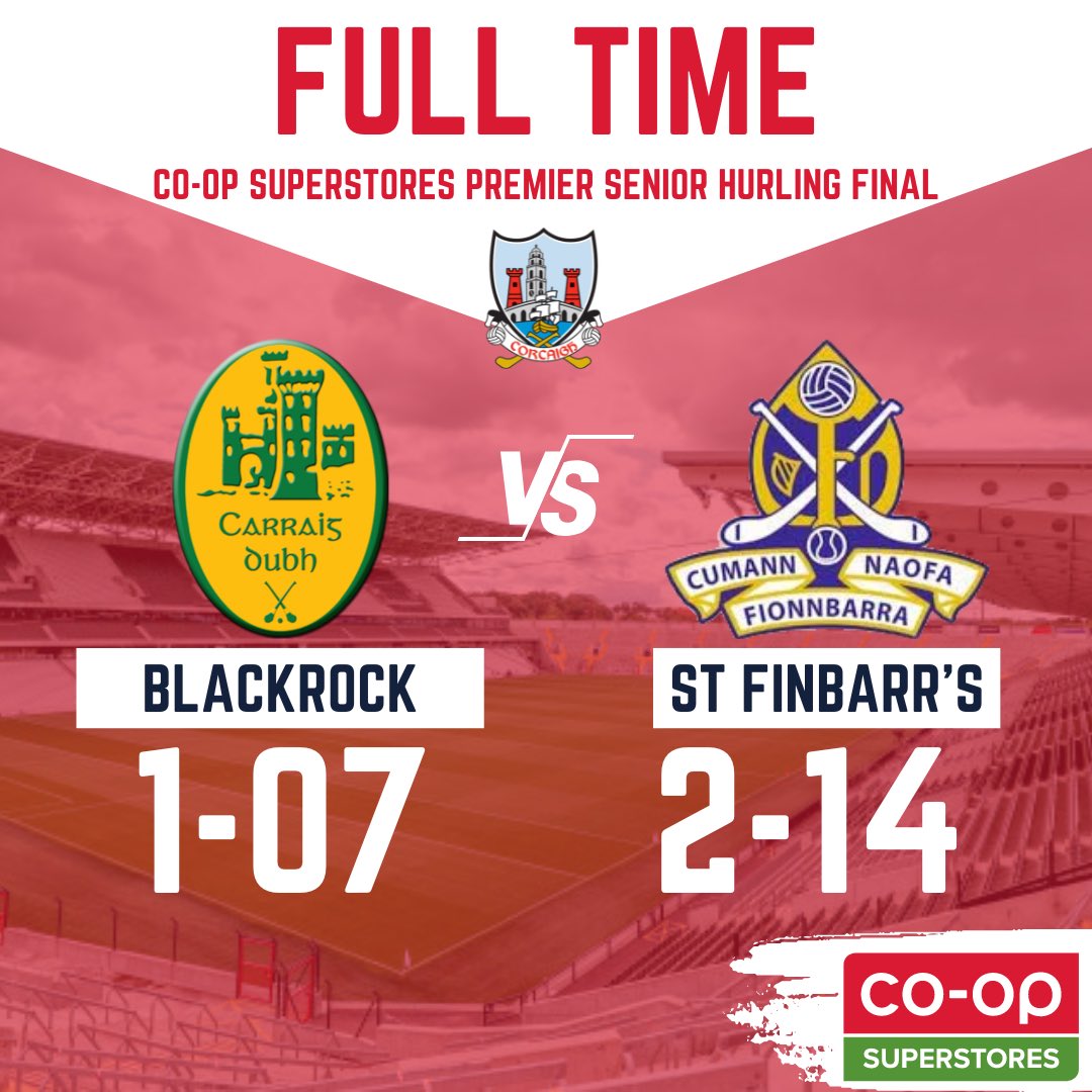 Co-Op Superstores Cork Premier Senior Hurling Final Full Time.

Comhgairdeas St Finbarr’s! 

Commiserations to Blackrock.

<a href="/CoOpSuperstores/">CoOpSuperstores</a> <a href="/the_Barrs/">St Finbarr’s National H&F Club</a> <a href="/RockiesCork/">Blackrock Hurling</a> #OneCork