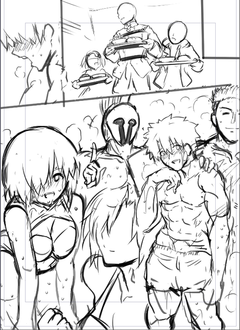 新刊ラフなう。こちらぐだマシュ汗だくックスを描くための導入部。健全な筋肉から生み出されるパワーあふれる魔力供給してこそ竿ぐだだと思うんです・・・! 