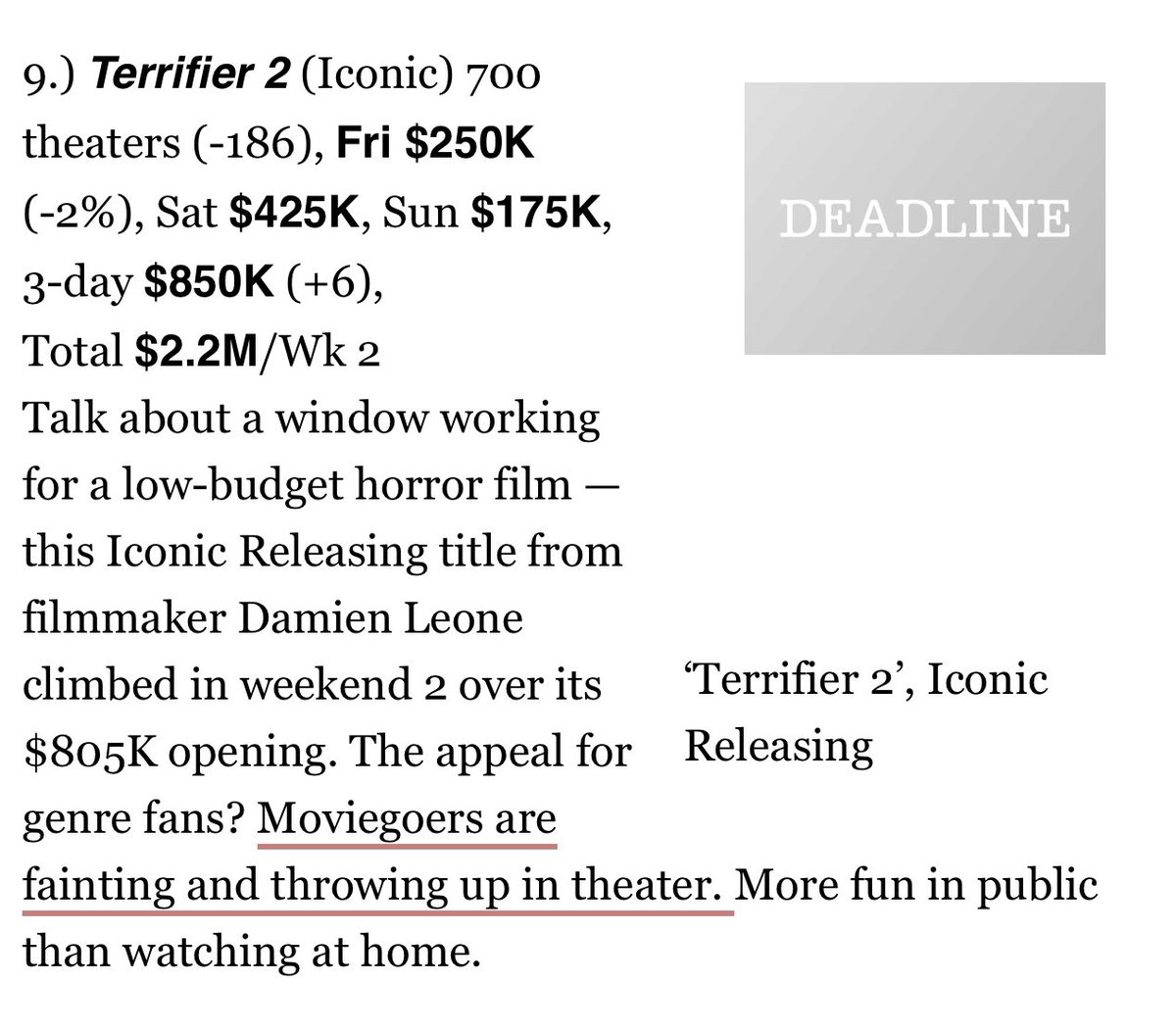 You did it again. Thank you all so very much. We love our #terrifier Fam. You are all amazing. I don’t even know what to say. You’ve made this entire experience so incredible for us. A million times thanks. 🙏 #terrifier2 #arttheclown