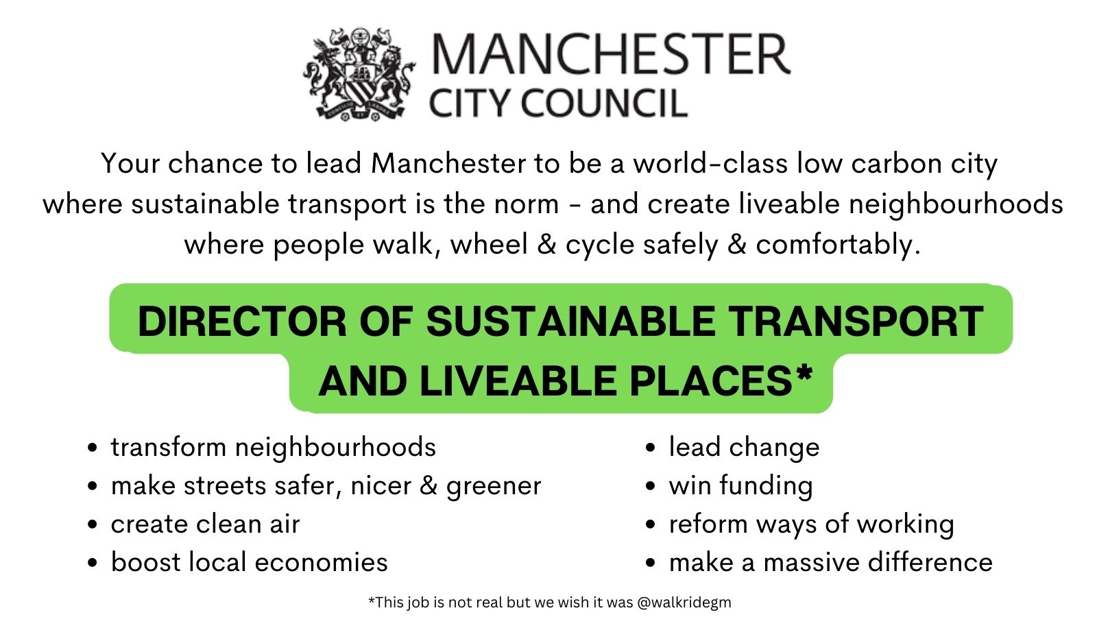Walk Ride GM on Twitter: "Congratulations @ManCityCouncil leaders!👏 This  new job* is just what's needed to kickstart a bold transition to clean  green liveable neighbourhoods where people walk wheel cycle safely &amp;