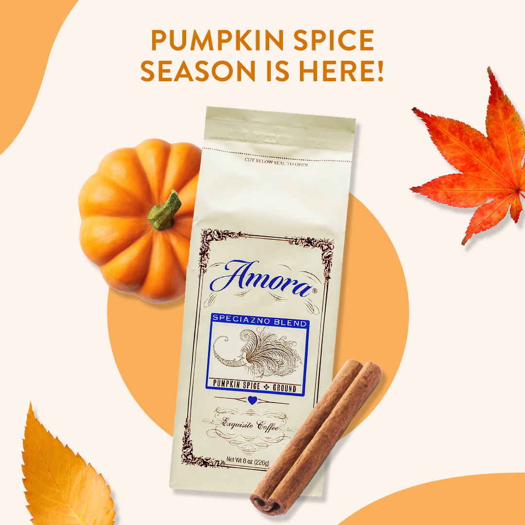 AmoraCoffee's tweet photo. It’s that time of year to bring out your sweaters, candles... and pumpkin spice lattes! 

Just like a homemade pumpkin pie, our Pumpkin Spice Coffee is sure to make you feel warm &amp; cozy in the comfort of your home! https://t.co/8rXnNX73ih