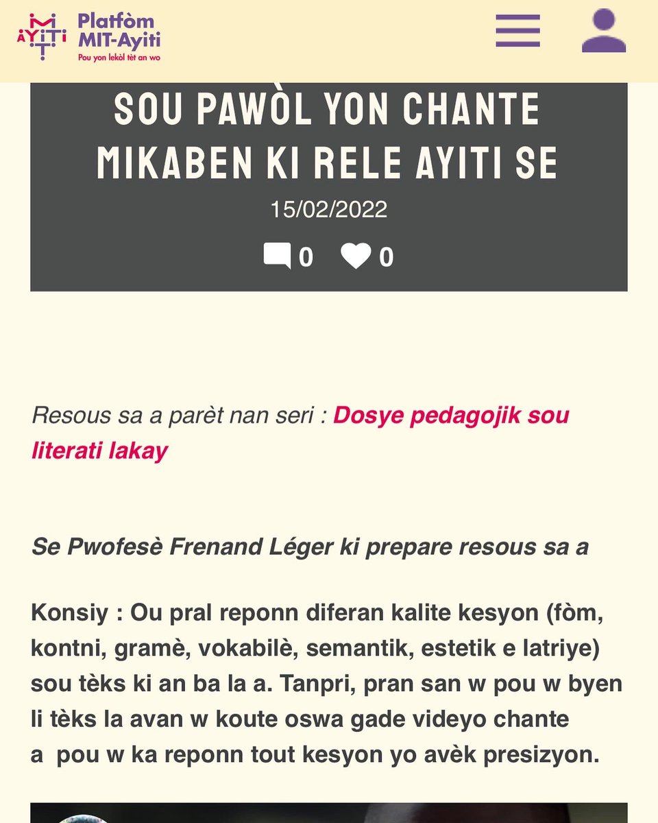 EDjeride's tweet image. ✝️ Mikaben ,  #Elèv yo ak #Pwofesè yo ap di w mèsi pou bèl etitaj sa a w kite pou nou an. Mèsi paske w te toujou panse chante bèlte ak orijnalite Ayiti nan lang manman nou.

Nou te fyè pou n te pibliye sou platfòm @MITHaiti a « Ayiti  se ».

@MichelDeGraff