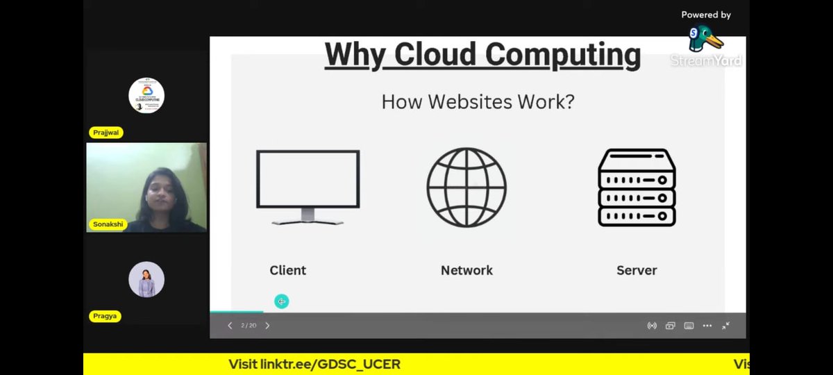 gdsc_ucer's tweet photo. Today's evening witnessed the online session organized by GDSC UCER on Getting Started with Cloud Computing mentored by @sounique1402, GDSC Cloud Lead, enlightening the viewers about the the topic. Followed by an interactive Quiz and QnA attracted audience and made event success. https://t.co/otD47ifS9a