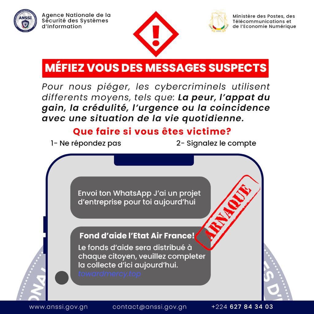 ANSSI CYBERSECURITE (@anssicybersecu) on Twitter photo ⚠️#ALERTE
💻Les cybercriminels commencent à s'installer dans notre pays. Plusieurs personnes reçoivent des liens📩 sur wathsapp et messenger pouvant les aider pour une quelconque raison.
<a href="/AnssiGuinee/">ANSSI Guinée</a> vous alerte du danger et vous propose des pistes de solutions une fois victime ⚠️#ALERTE
💻Les cybercriminels commencent à s'installer dans notre pays. Plusieurs personnes reçoivent des liens📩 sur wathsapp et messenger pouvant les aider pour une quelconque raison.
<a href="/AnssiGuinee/">ANSSI Guinée</a> vous alerte du danger et vous propose des pistes de solutions une fois victime