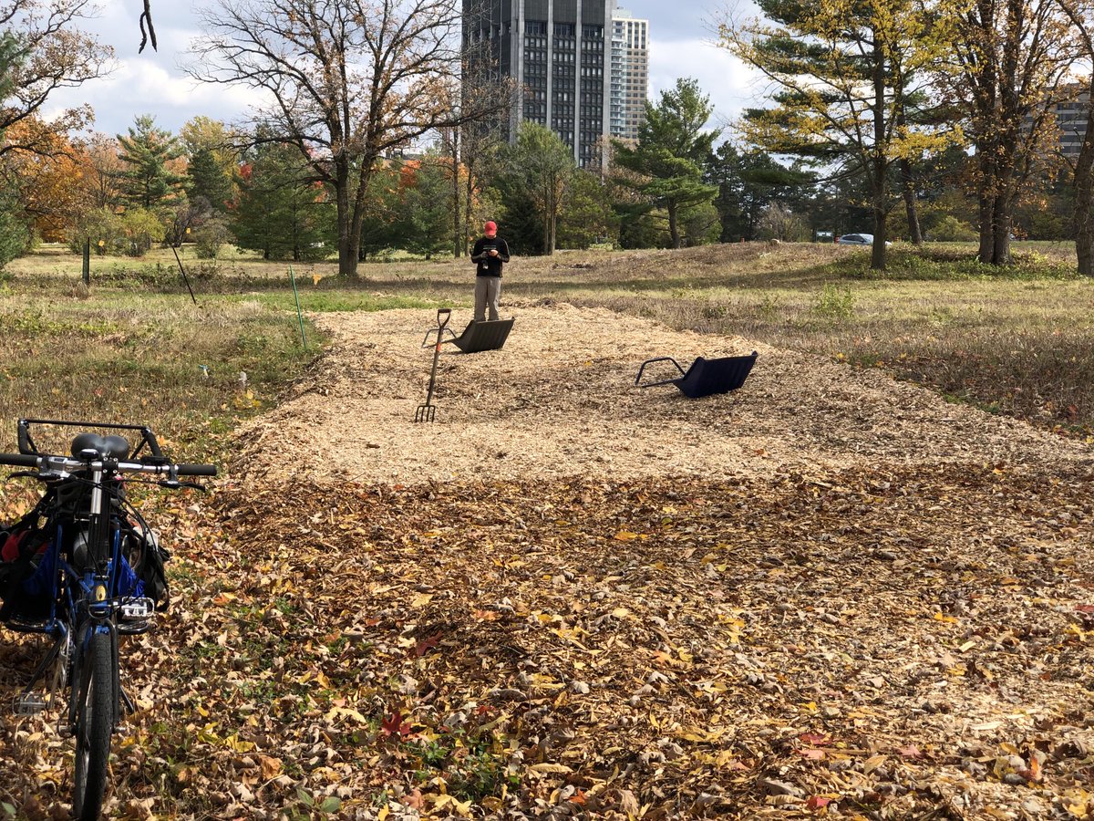 Be patient skiers. With chips covering the Remic Woods trail you will be able to ski as soon as the first snow flys. Today Long helped spread 4 big piles of chips.
