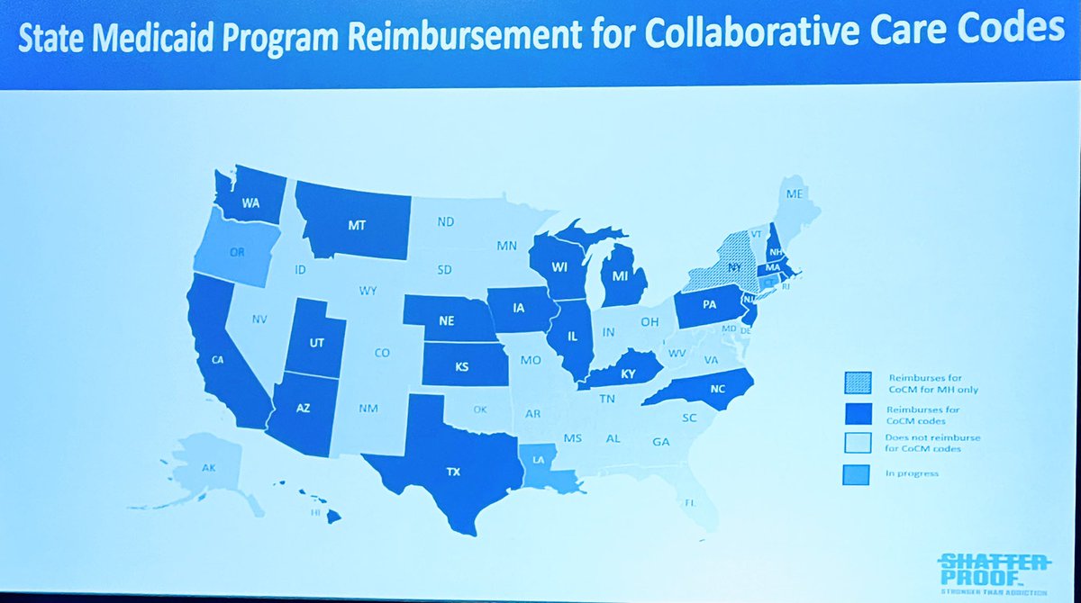 GinaJames917's tweet photo. Kristen Pendergrass from Shatterproof shares a map that shows how different state Medicaid programs reimburse for collaborative care codes. Informative panel on CoCM. #APASAC22 @APApsychiatric https://t.co/YCd2EJmWTT